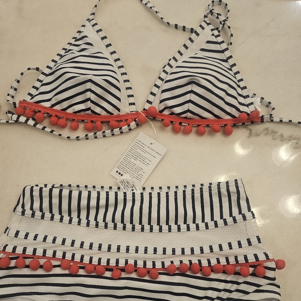 Striped Bikini Set with Red Accents